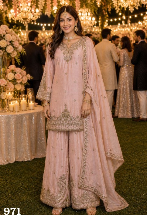 Chinon Silk Peach Party Wear Embroidery Work Readymade Plazzo Suit